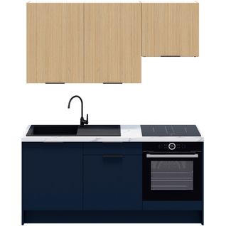 Ensemble De 6 Meubles De Cuisine - L. 185 Cm - Bleu Marine Et Chêne Clair Cannelé - Luzia Mix