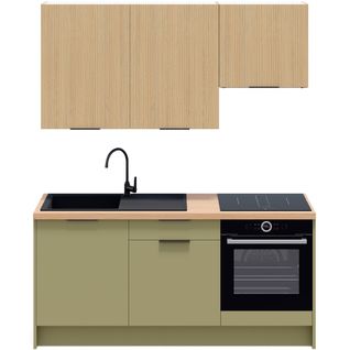 Ensemble De 6 Meubles De Cuisine - L. 185 Cm - Vert Olive Et Chêne Clair Cannelé - Luzia Mix