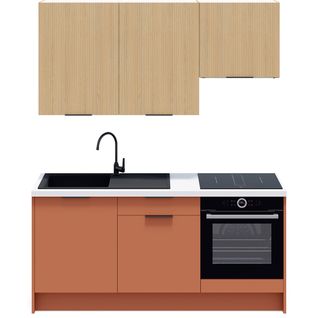 Ensemble De 6 Meubles De Cuisine - L. 185 Cm - Terracotta Et Chêne Clair Cannelé - Luzia Mix