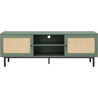 Meuble TV 2 Portes Vert Et Cannage 160 Cm - Luma