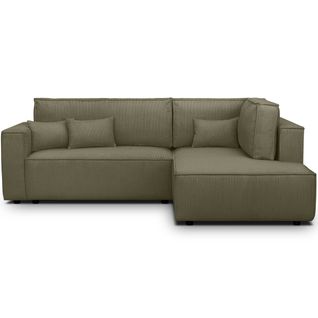 Canapé D'angle Ouvert à Droite Convertible 3 Places En Velours Côtelé Vert Kaki - Emma
