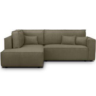 Canapé D'angle Ouvert à Gauche Convertible 3 Places En Velours Côtelé Vert Kaki - Emma