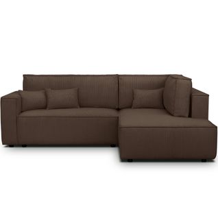 Canapé D'angle Ouvert à Droite Convertible 3 Places En Velours Côtelé Moka - Emma