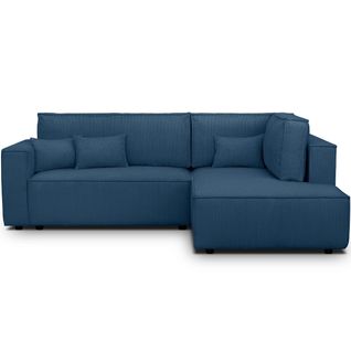 Canapé D'angle Ouvert à Droite Convertible 3 Places En Velours Côtelé Bleu - Emma