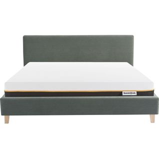 Ensemble Lit Adulte 160x200 - Tête De Lit En Velours Côtelé Vert - Milo + Matelas Mousse