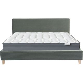 Ensemble Lit Adulte 180x200 - Tête De Lit En Velours Côtelé Vert - Milo + Matelas Mousse