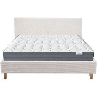 Ensemble Lit Adulte 160x200 - Tête De Lit En Velours Côtelé Beige - Milo + Matelas Mousse