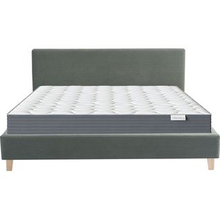 Ensemble Lit Adulte 140x190 - Tête De Lit En Velours Côtelé Vert - Milo + Matelas Mousse