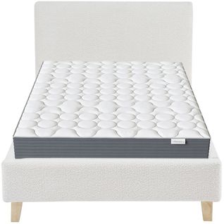 Ensemble Lit 90x190 - Tête De Lit En Tissu Bouclé Beige - Milo + Matelas Mousse