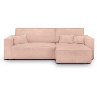 Canapé D'angle Convertible Réversible 4 Places En Velours Côtelé Rose Pâle - Livia