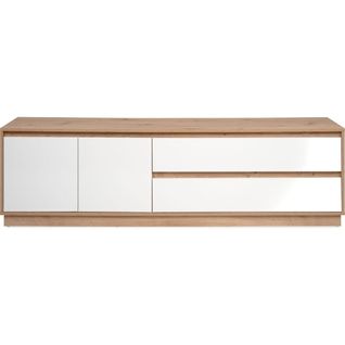Meuble TV 2 Portes 2 Tiroirs Effet Chêne Et Blanc Brillant 172 Cm - Nalen