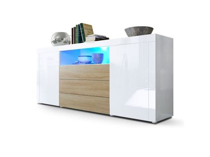 Buffet Laqué Blanc Et Chêne Brut En Mdf Avec Éclairage LED 167 X 72 X 35 Cm