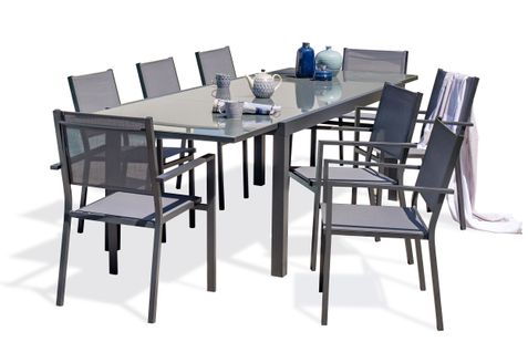 Ensemble Repas 8 Places En Aluminium Anthracite Et Plateau Verre - Tolede