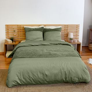 Parure De Lit 3 Pièces Velours Bande Côtelé Housse + Taies - 240x220 Cm - Vert