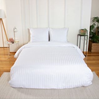 Parure De Lit 3 Pièces Satin à Fines Rayures Housse + Taies - 260x240 Cm - Blanc