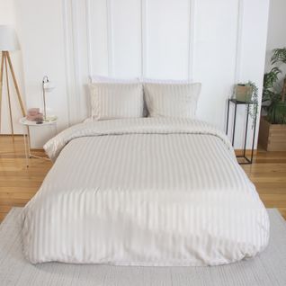 Parure De Lit 3 Pièces Satin à Fines Rayures Housse + Taies - 260x240 Cm - Ivoire