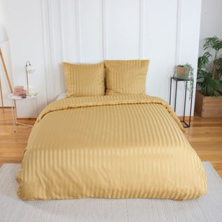 Parure De Lit 3 Pièces Satin à Fines Rayures Housse + Taies - 260x240 Cm - Jaune