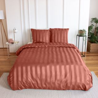 Parure De Lit 3 Pièces Satin à Fines Rayures Housse + Taies - 240x220 Cm - Terracotta