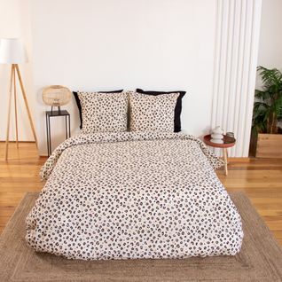 Parure De Lit 3 Pièces Léopard Coton Housse + Taies - 260x240 Cm - Ivoire