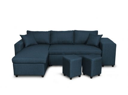 Canapé D’angle Oslo Convertible Avec Coffre Et Poufs Droit En Tissu Bleu