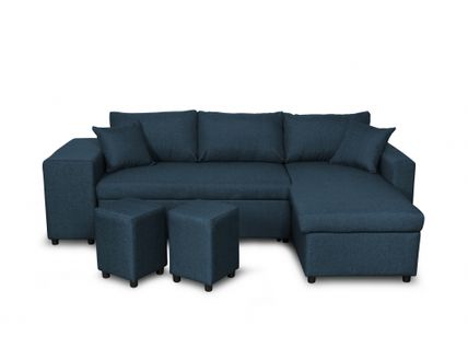 Canapé D’angle Oslo Convertible Avec Coffre Et Poufs Gauche En Tissu Bleu