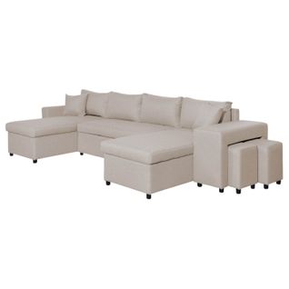 Canapé D'angle Panoramique Oslo Convertible Avec Coffres Et Poufs à Droite En Tissu - Beige