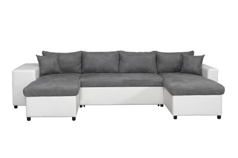 Canapé Panoramique Oslo Convertible Avec Coffres, Poufs à Gauche En Simili Blanc Et Microfibre Grise