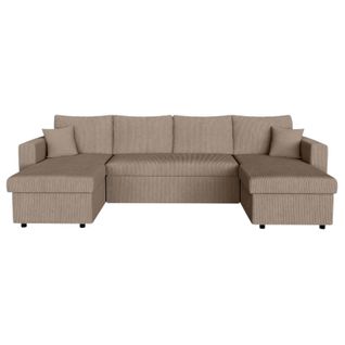 Canapé D'angle Panoramique Maria Convertible Avec 2 Coffres En Velours Côtelé - Taupe