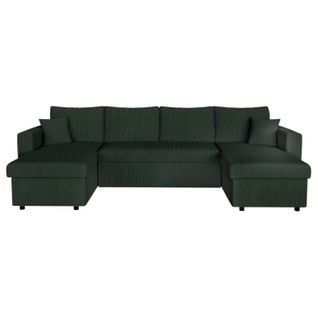 Canapé D'angle Panoramique Maria Convertible Avec 2 Coffres En Velours Côtelé - Vert Foncé