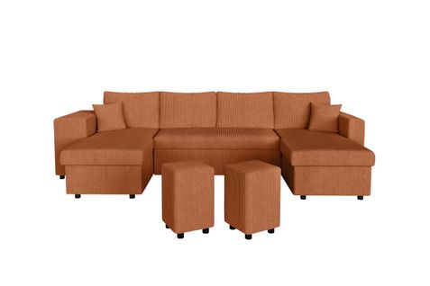 Canapé Panoramique Oslo Convertible Avec 2 Coffres, 2 Poufs à Gauche En Velours Côtelé Terracotta