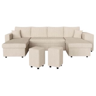 Canapé Panoramique Oslo Convertible Avec 2 Coffres, 2 Poufs à Droite En Velours Côtelé Beige