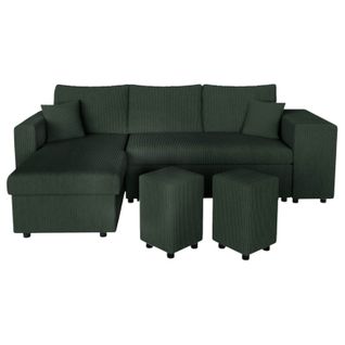 Canapé D'angle Réversible Convertible Oslo Avec Coffre, 2 Poufs à Droite En Velours Côtelé Vert