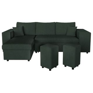 Canapé D'angle Réversible Mady Avec Coffre, Rangement Poufs à Droite En Velours Côtelé Vert Foncé