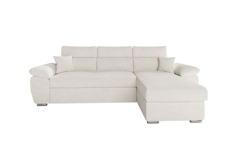 Canapé Komeco D'angle Réversible Convertible Avec Coffre Et Têtières En Tissu Bouclette Blanc