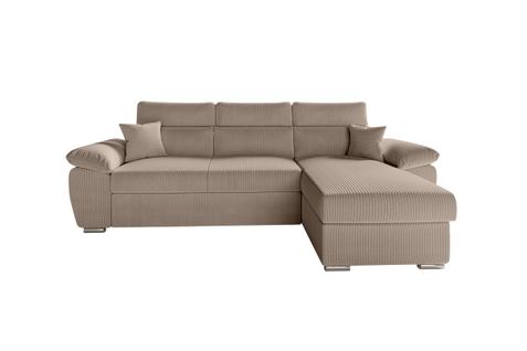 Canapé Komeco D'angle Reversible Convertible Avec Coffre Et Têtières En Velours Côtelé - Taupe