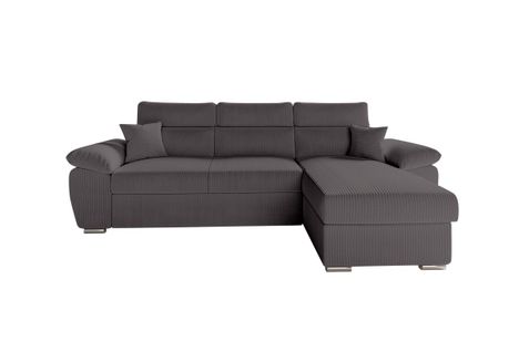 Canapé Komeco D'angle Reversible Convertible Avec Coffre Et Têtières En Velours Côtelé - Gris