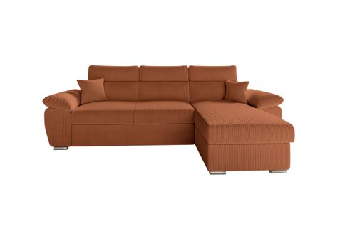 Canapé Komeco D'angle Reversible Convertible Avec Coffre Et Têtières En Velours Côtelé - Terracotta