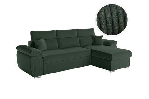 Canapé Komeco D'angle Reversible Convertible Avec Coffre Et Têtières En Velours Côtelé - Vert Foncé