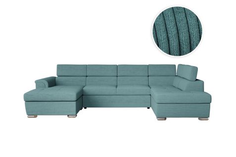Canapé Panoramique 6 Places Paola Convertible Avec 2 Coffres En Velours Côtelé - Bleu Clair