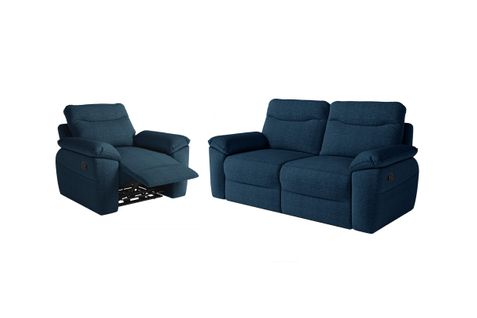 Pack - Canapé De Relaxation Ross Manuel 3 Places Et Fauteuil En Tissu Texturé 3d - Bleu Foncé