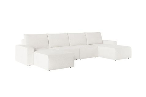 Canapé Panoramique Fixe 6 Places Romane En Tissu Bouclette - Blanc