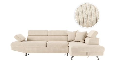 Canapé D'angle Droit Convertible Rio 5 Places Avec Coffre De Rangement En Velours Côtelé - Beige