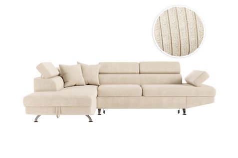 Canapé D'angle Gauche Convertible Rio 5 Places Avec Coffre De Rangement En Velours Côtelé - Beige