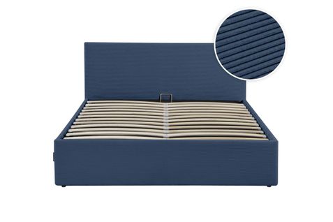 Cadre De Lit Edgar Avec Coffre De Rangement Et Tête De Lit En Velours Côtelé Bleu Foncé - 160x200cm