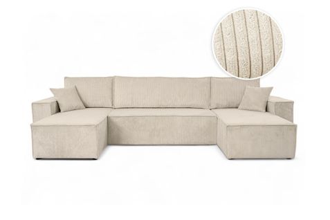 Canapé D'angle Farah Panoramique Convertible 6 Places En Velours Cotelé - Beige