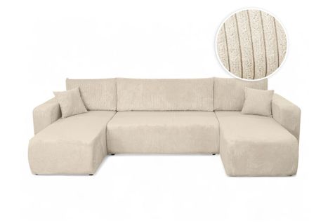 Canapé D'angle Alya Panoramique Convertible 6 Places En Velours Cotelé - Beige