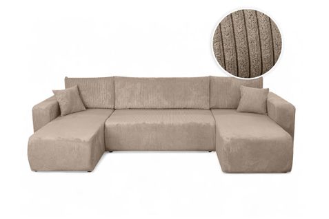 Canapé D'angle Alya Panoramique Convertible 6 Places En Velours Cotelé - Taupe