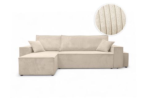 Canapé Farah D'angle Réversible Et Convertible 4 Places Avec Un Pouf En Velours Côtelé - Beige