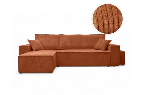 Canapé Farah D'angle Réversible Et Convertible 4 Places Avec Un Pouf En Velours Côtelé - Terracotta