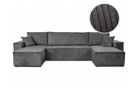 Canapé D'angle Farah Panoramique Convertible 6 Places En Velours Côtelé - Gris Foncé